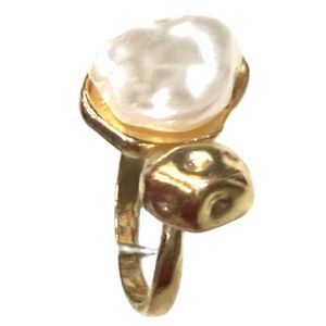 Gold Tone Baroque Pearl Statement Ring Adjustable Open Band Modern